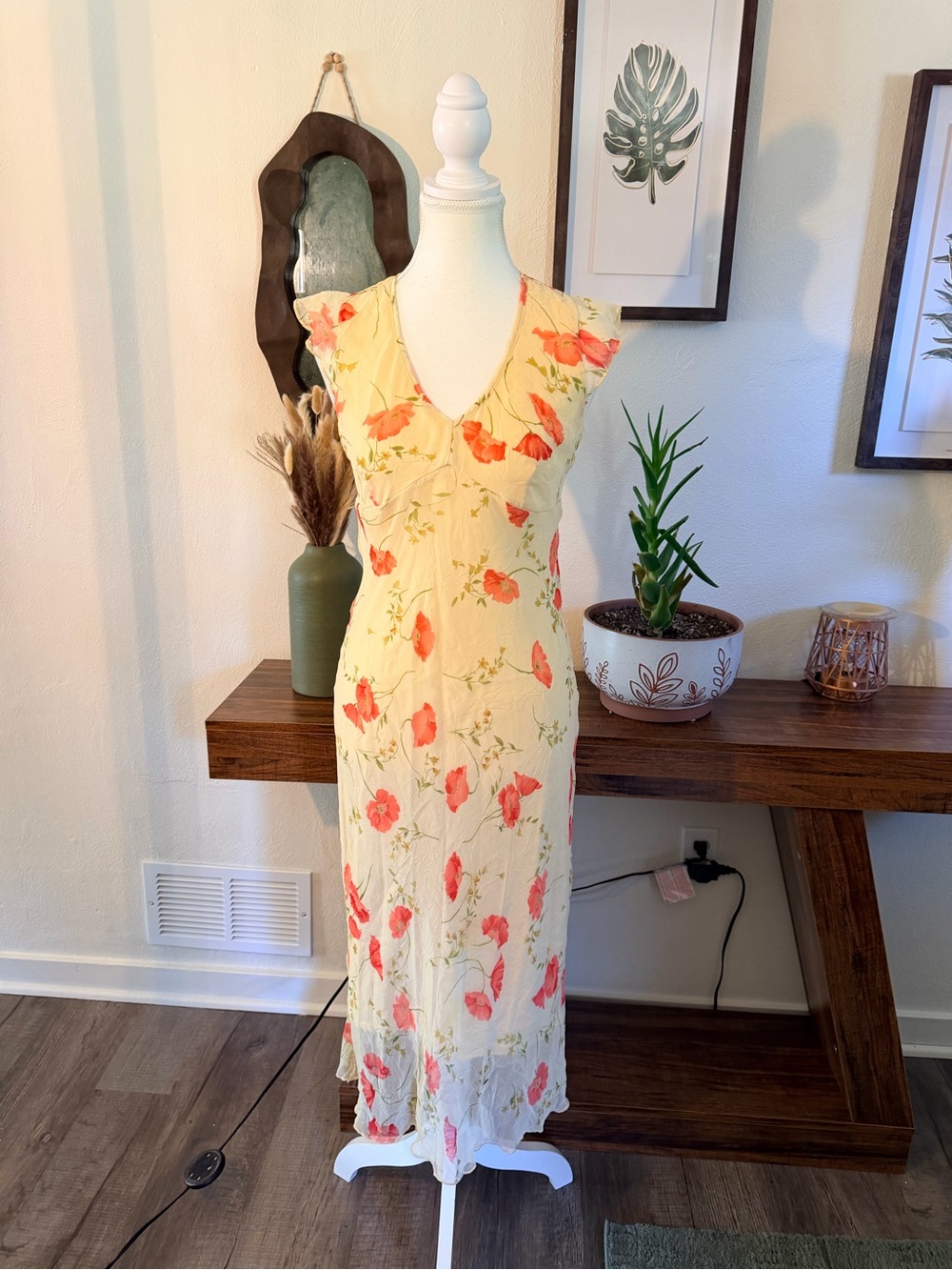 Vintage Byer Too Yellow Floral Midi Dress Y2K Ruffle Cap Sleeve